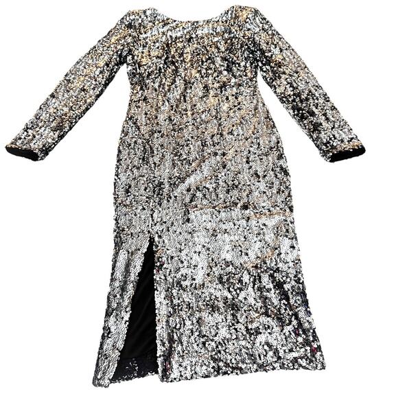Dress The Population Natalie Sequin Side Slit Long Sleeve Dress Silver Size L - Picture 1 of 8
